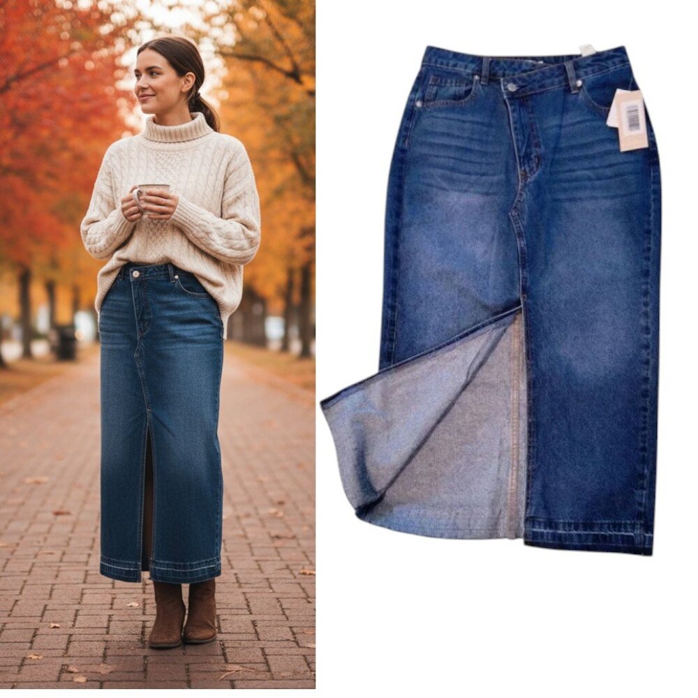 Denim Maxi Skirt Women's size 29 Blue Crossover waist Pockets front slit Raw hem